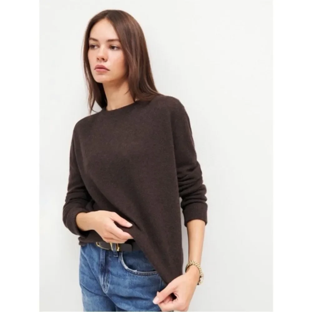Reformation Cashmere Boyfriend Knit Crew Neck Sweater Compost Brown